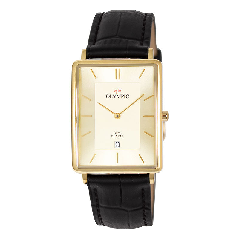 Olympic Rectangle Series - Gents Gold - Black Leather