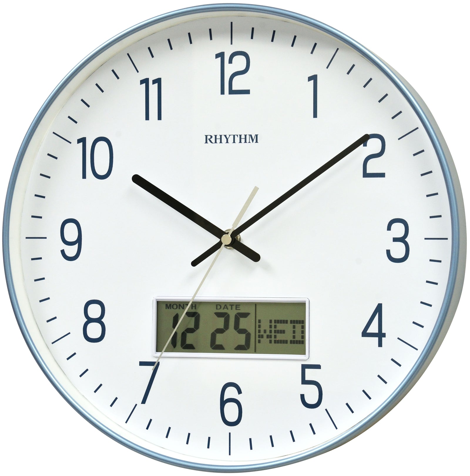 Rhythm Wall Clock 30.5cm – LCD Calendar Metallic Blue
