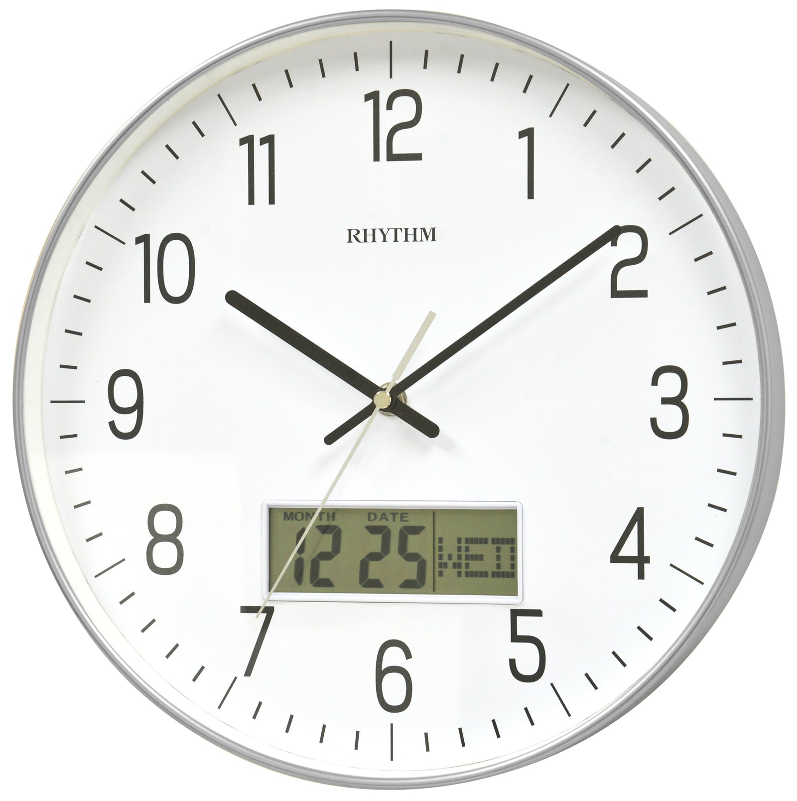 Rhythm Wall Clock 30.5cm – LCD Calendar Metallic Silver