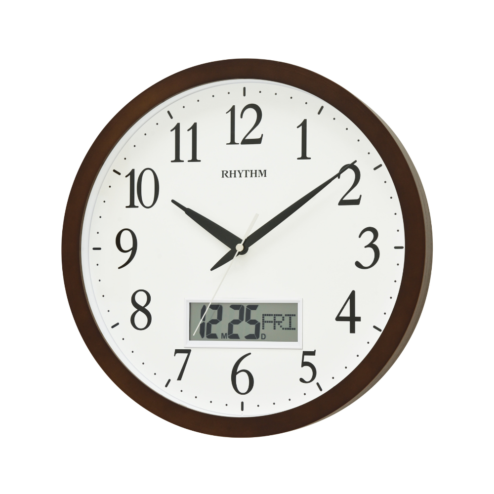 Rhythm Wooden Wall Clock 33.5cm – LCD Calendar
